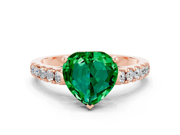 Rose gold Heart Cut Emerald Pavé Band Solitaire Ring with Prong Setting