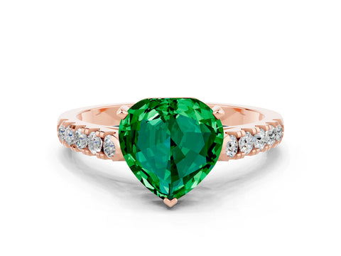 Rose gold {shape_name} Emerald Solitaire Ring with Pavé Band and Four-Prong Setting