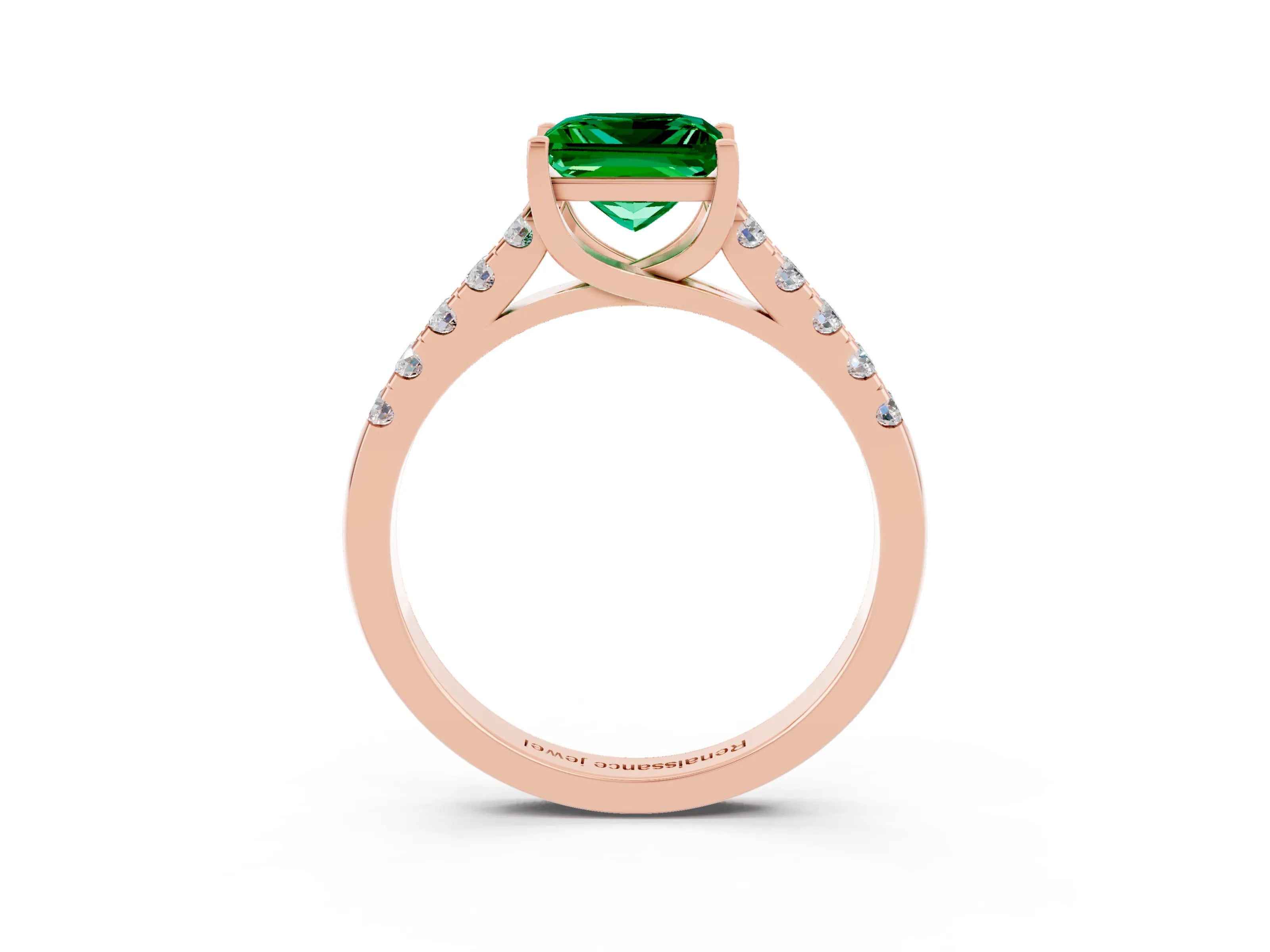 Rose gold {shape_name} Emerald Solitaire Ring with Pavé Band and Four-Prong Setting_3