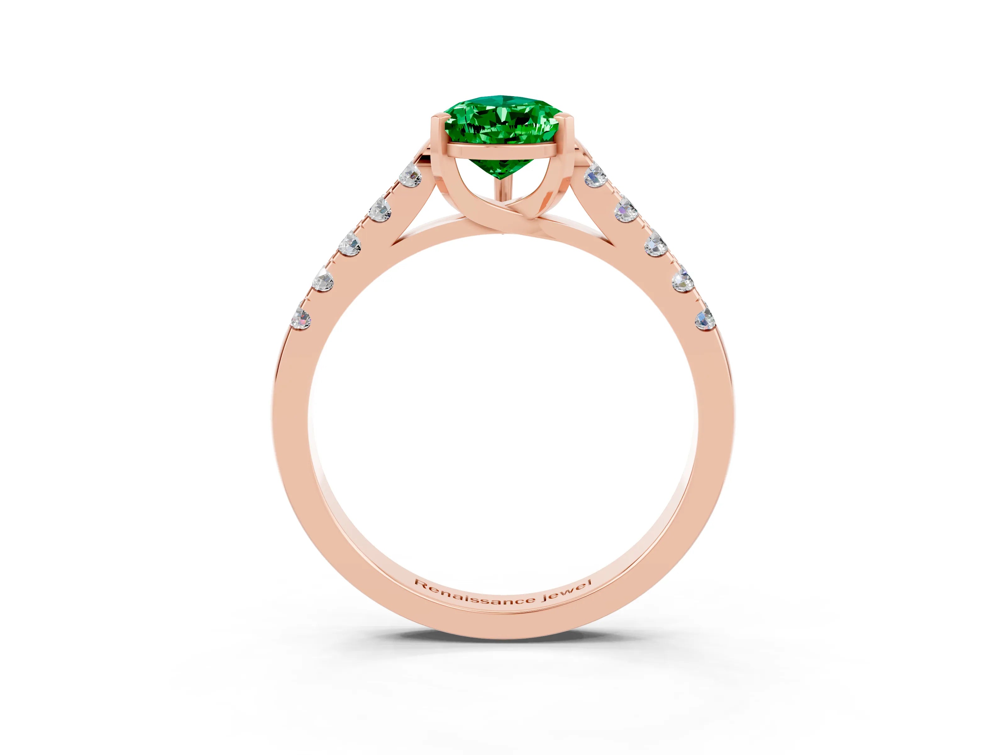 Rose gold {shape_name} Emerald Solitaire Ring with Pavé Band and Four-Prong Setting_3