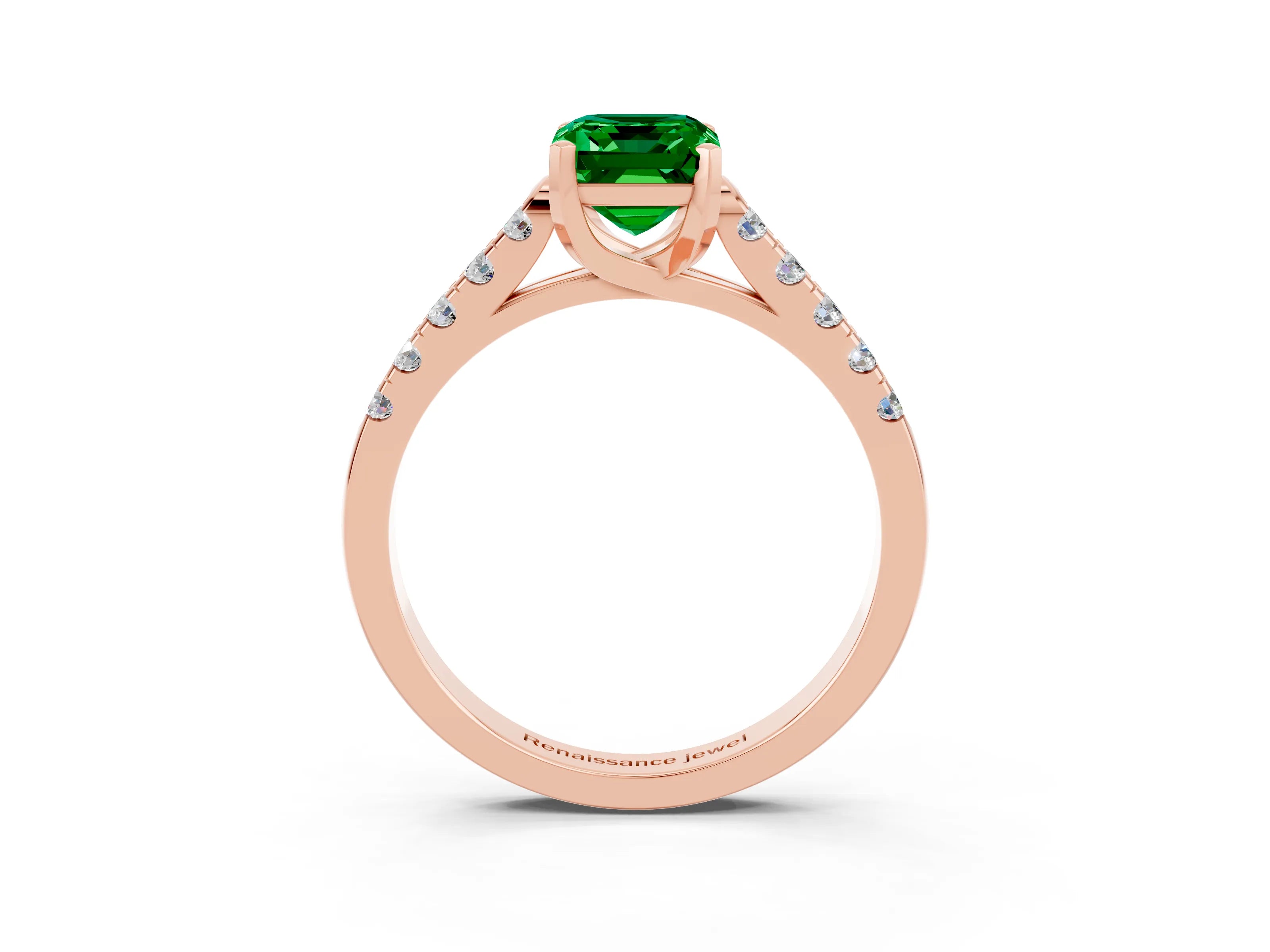 Rose gold {shape_name} Emerald Solitaire Ring with Pavé Band and Four-Prong Setting_3