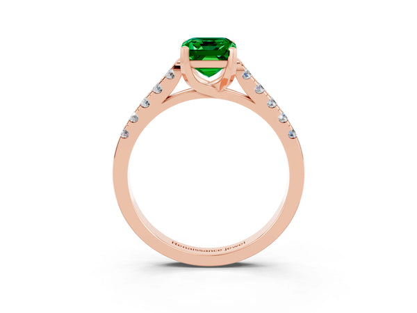 Rose gold Emerald Cut Emerald Pavé Band Solitaire Ring with Prong Setting