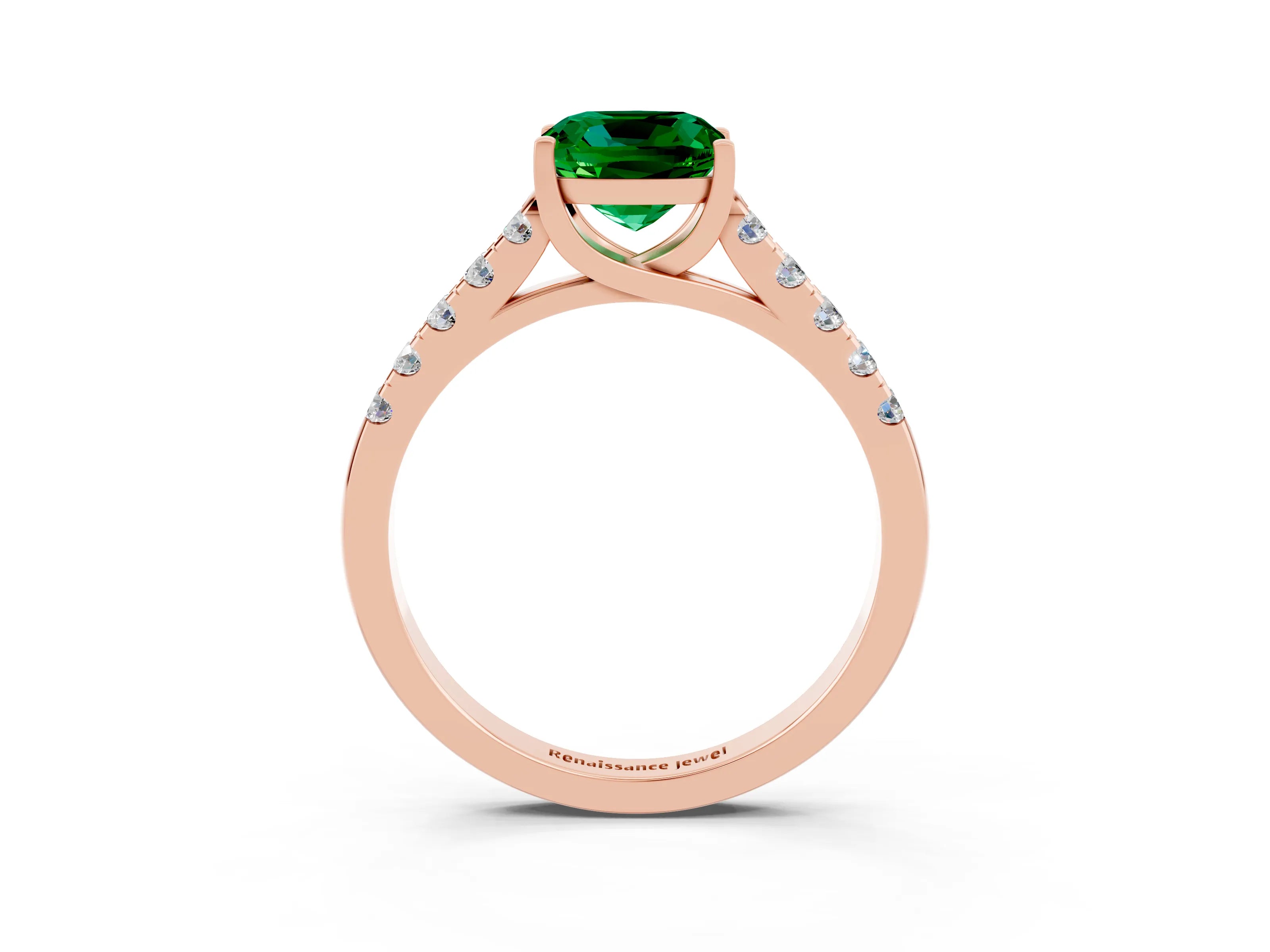 Rose gold {shape_name} Emerald Solitaire Ring with Pavé Band and Four-Prong Setting_3