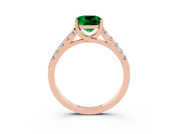 Rose gold Cushion Cut Emerald Pavé Band Solitaire Ring with Prong Setting