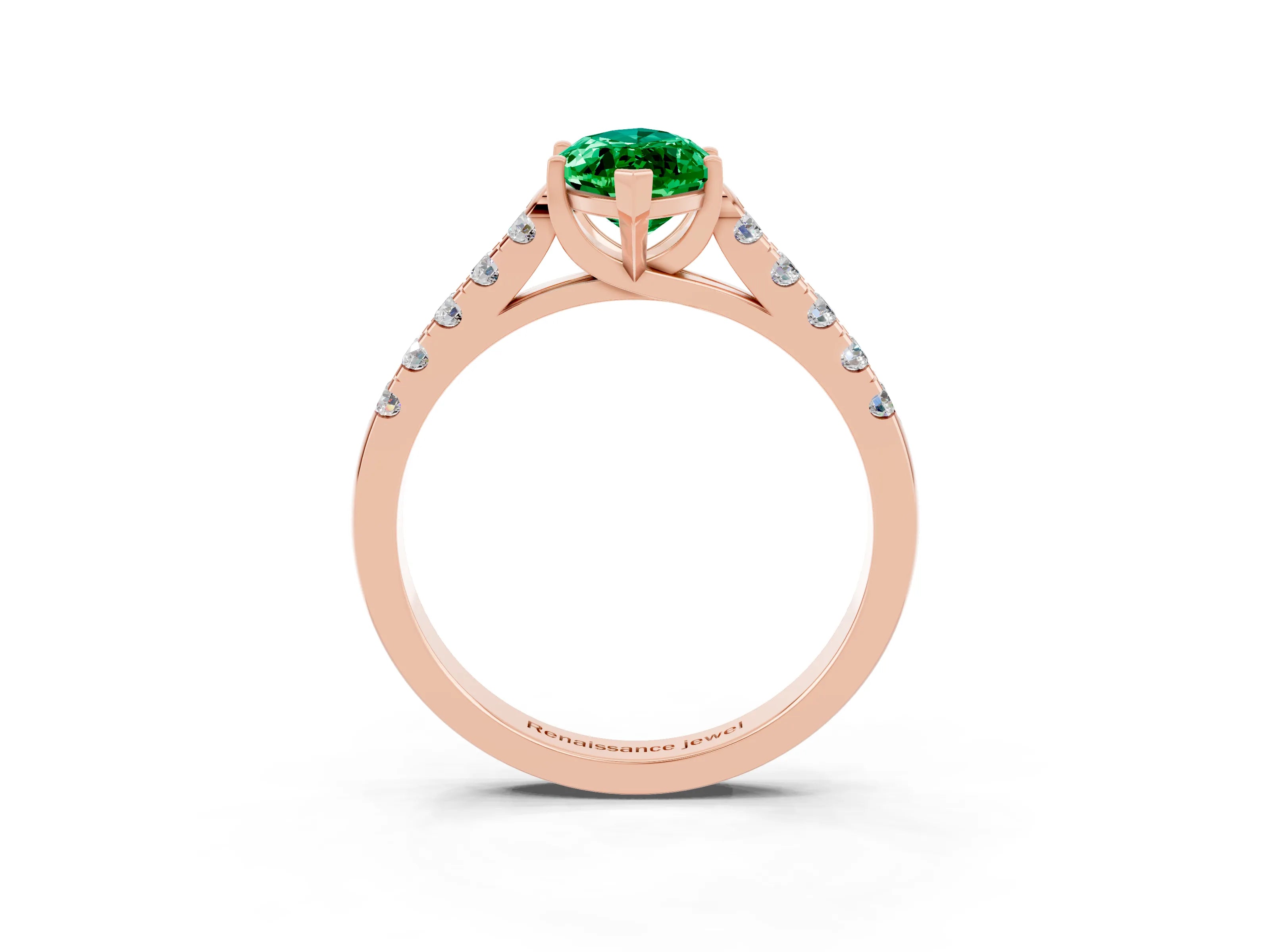 Rose gold {shape_name} Emerald Solitaire Ring with Pavé Band and Four-Prong Setting_3