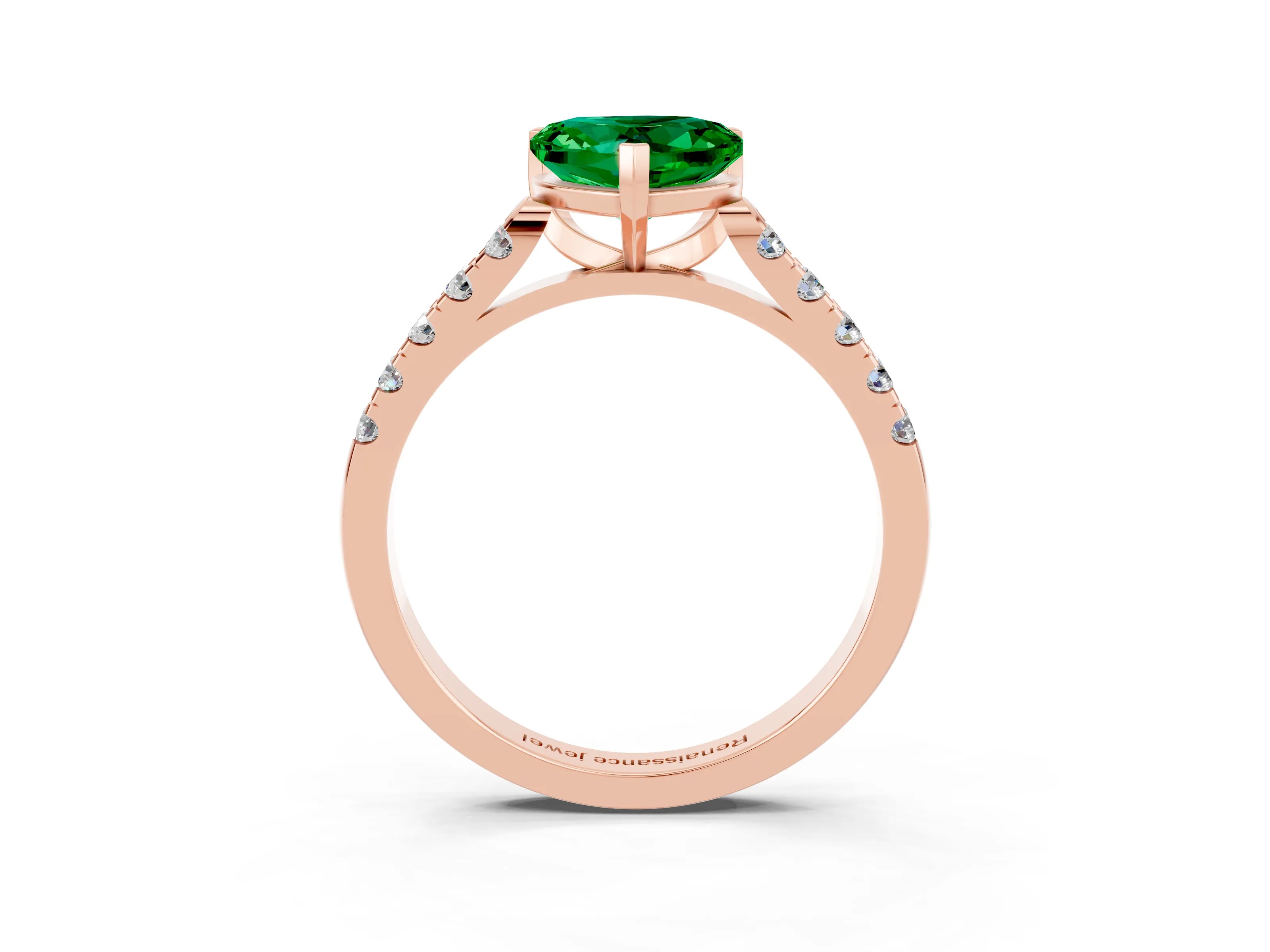 Rose gold {shape_name} Emerald Solitaire Ring with Pavé Band and Four-Prong Setting_3