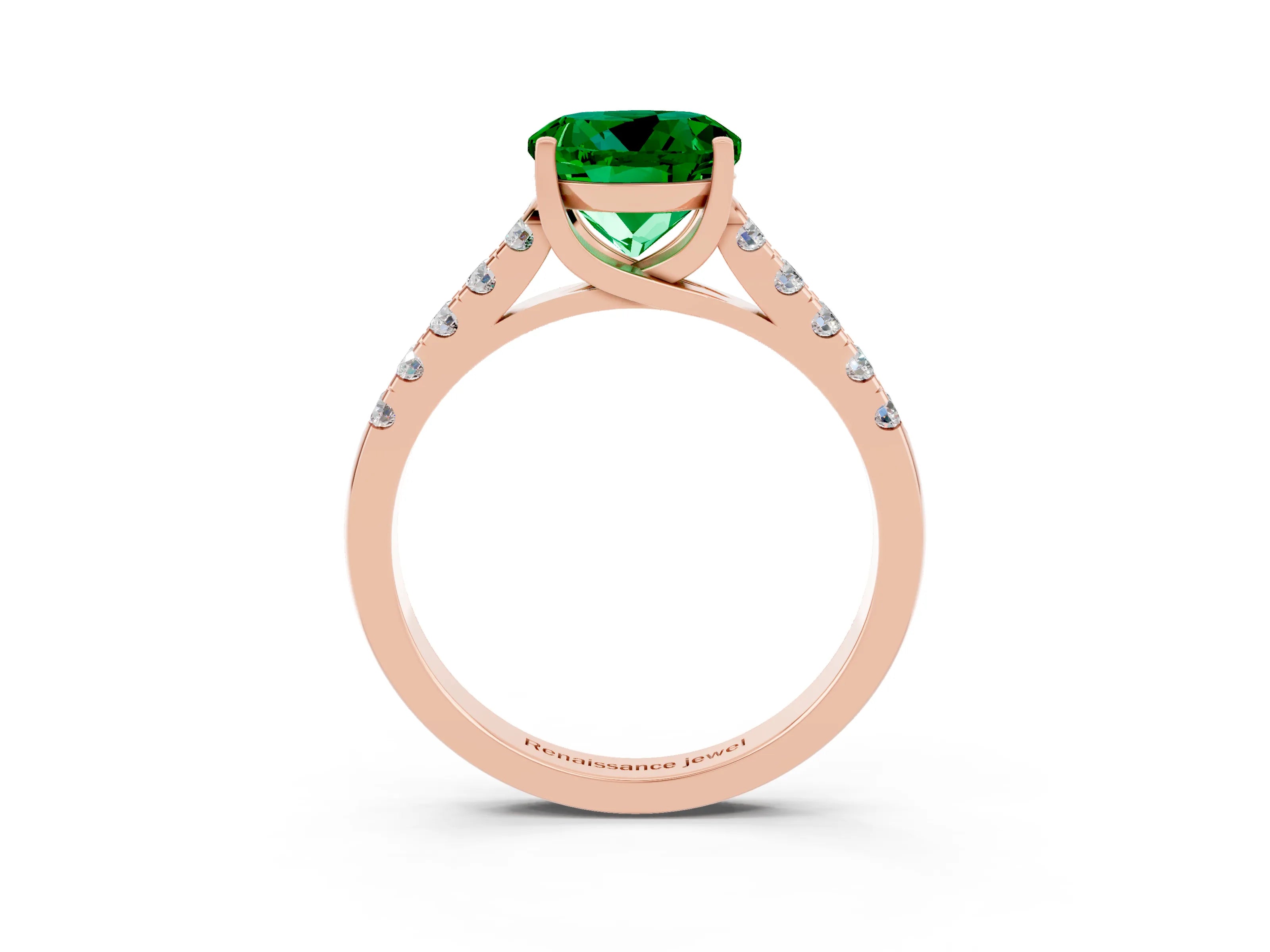 Rose gold {shape_name} Emerald Solitaire Ring with Pavé Band and Four-Prong Setting_3