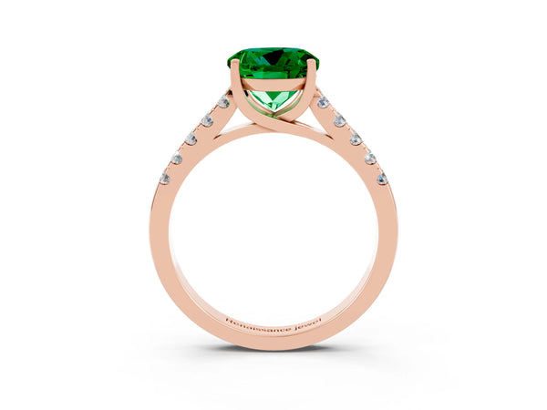 Rose gold Round Cut Emerald Pavé Band Solitaire Ring with Prong Setting