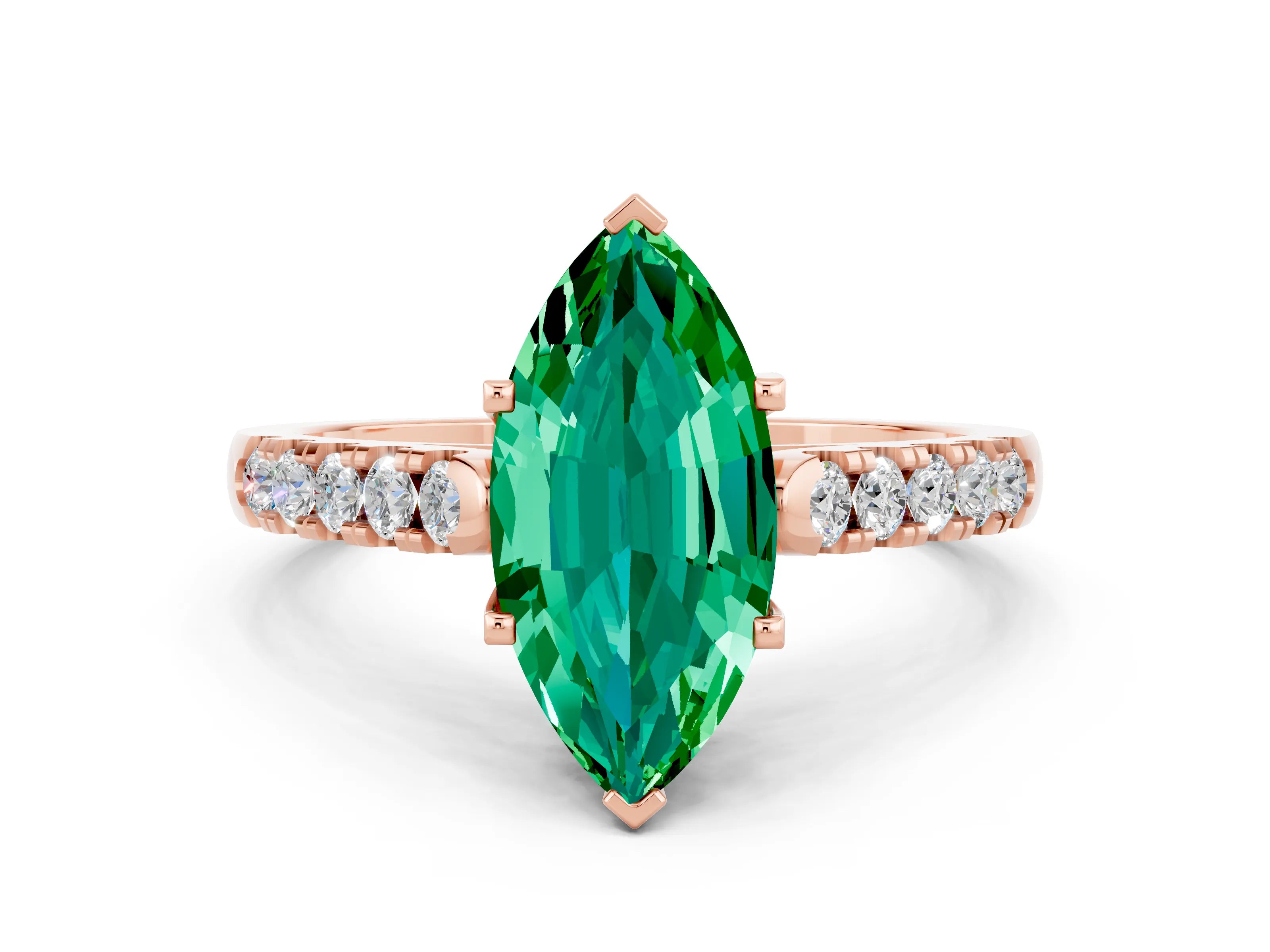Rose gold {shape_name} Emerald Solitaire Ring with Pavé Band and Four-Prong Setting