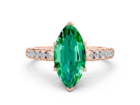 Rose gold {shape_name} Emerald Solitaire Ring with Pavé Band and Four-Prong Setting