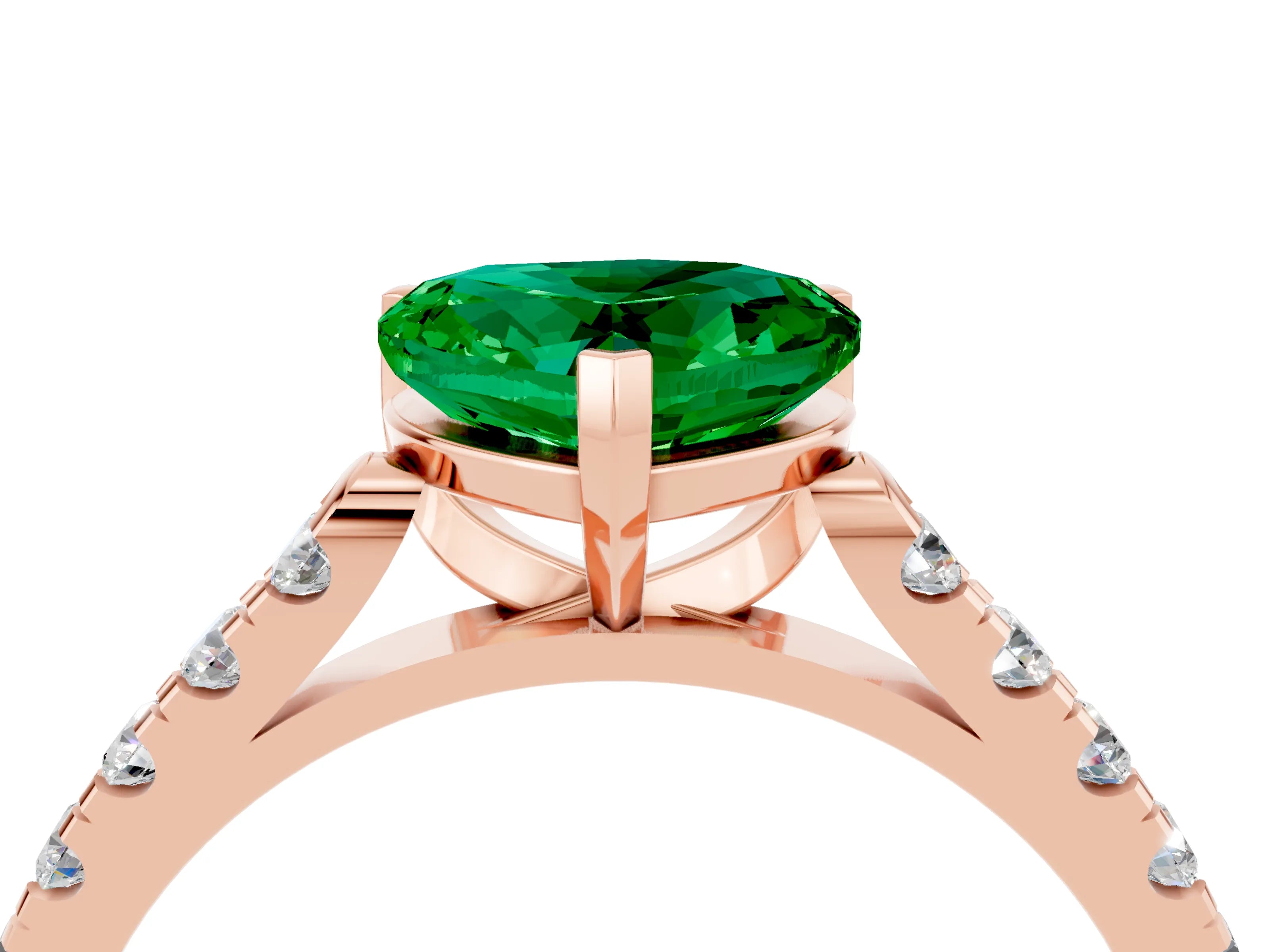 Rose gold {shape_name} Emerald Solitaire Ring with Pavé Band and Four-Prong Setting_4