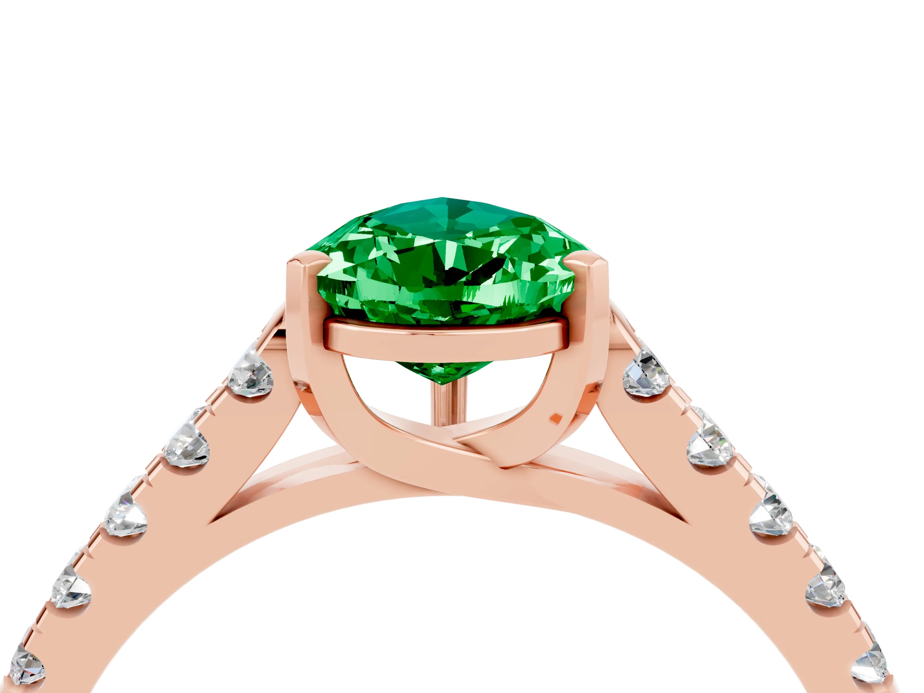 Rose gold {shape_name} Emerald Solitaire Ring with Pavé Band and Four-Prong Setting_4