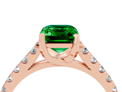 Rose gold {shape_name} Emerald Solitaire Ring with Pavé Band and Four-Prong Setting_4