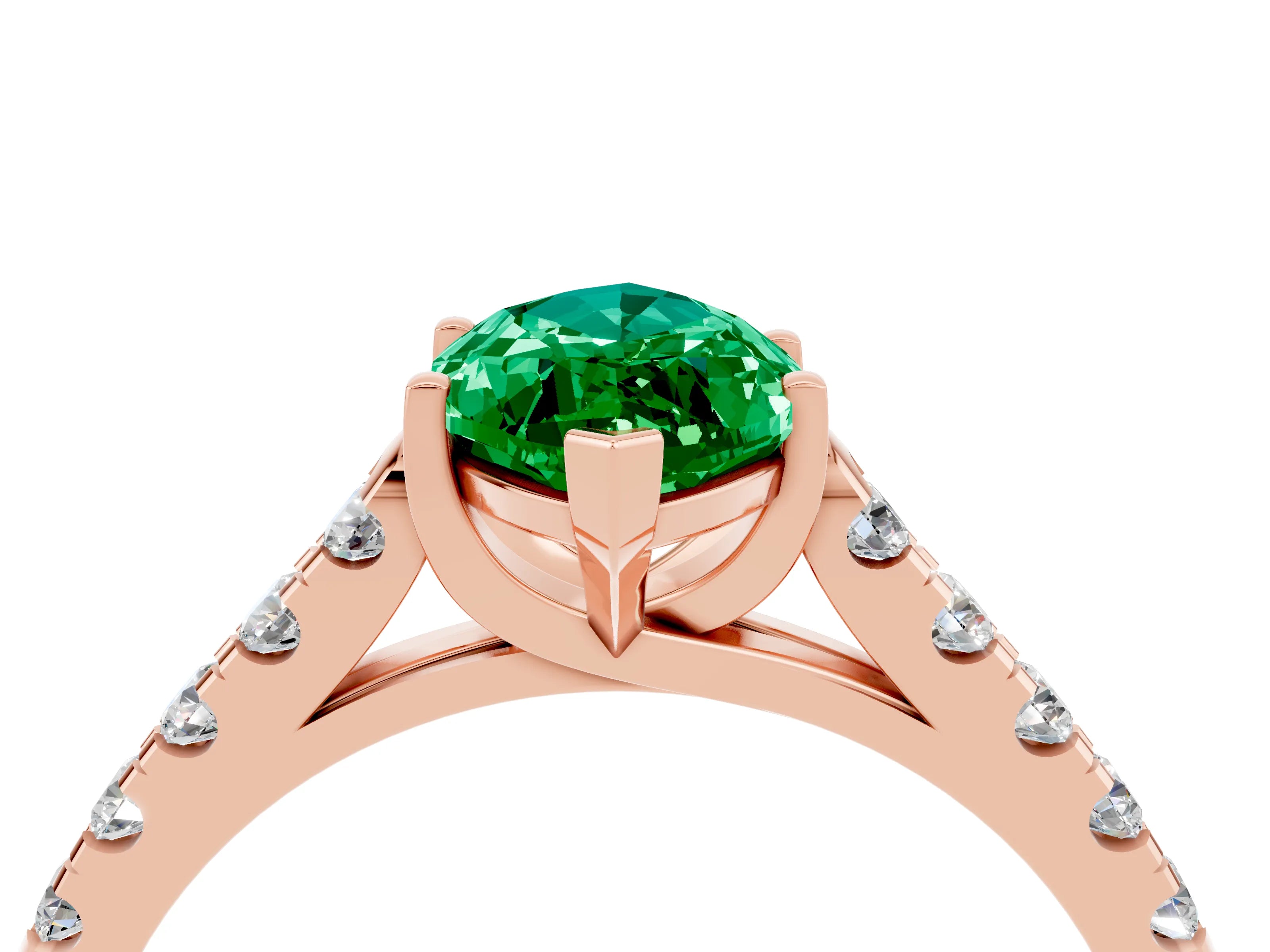 Rose gold {shape_name} Emerald Solitaire Ring with Pavé Band and Four-Prong Setting_4