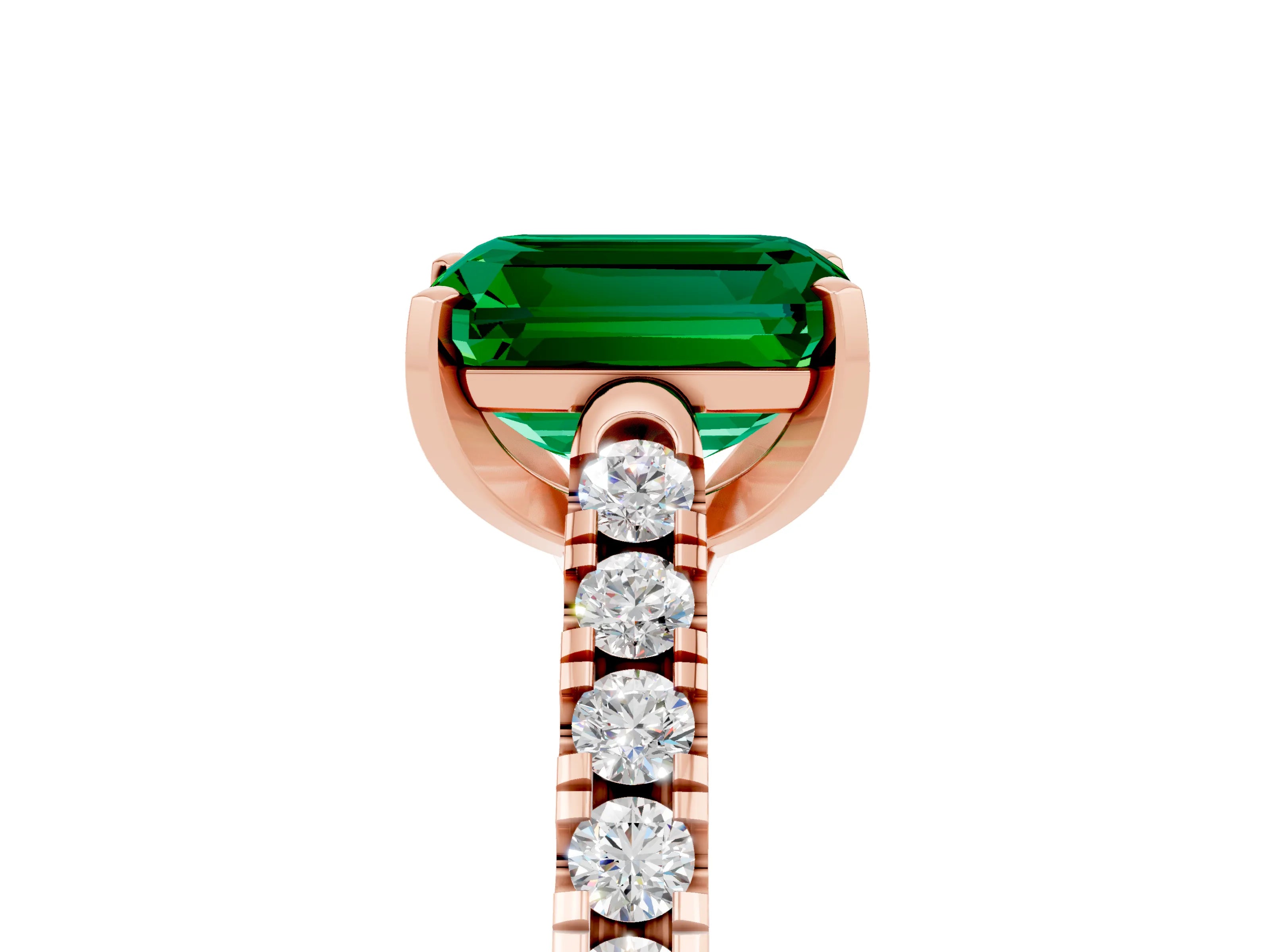 Rose gold {shape_name} Emerald Solitaire Ring with Pavé Band and Four-Prong Setting_5