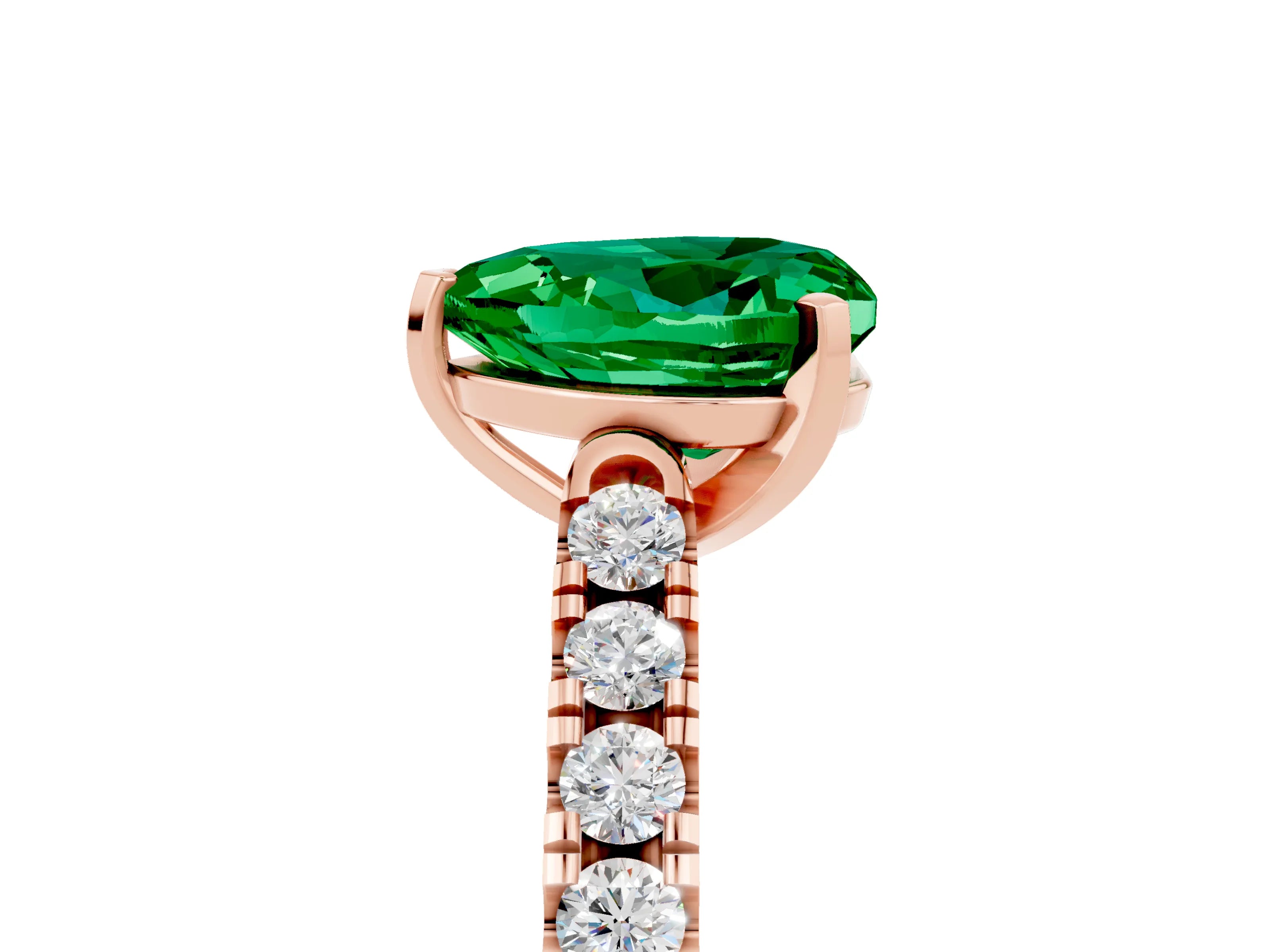 Rose gold {shape_name} Emerald Solitaire Ring with Pavé Band and Four-Prong Setting_5