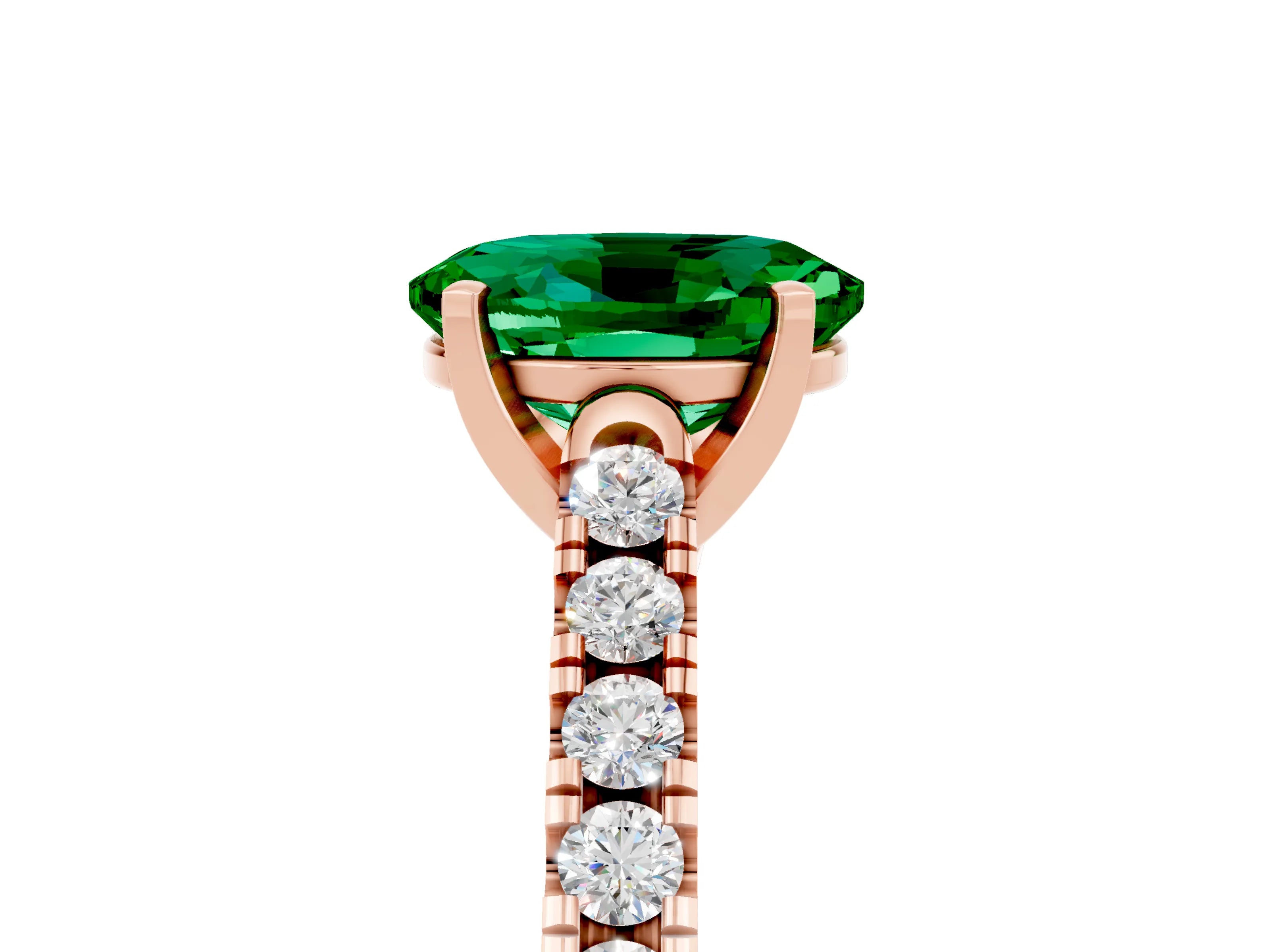 Rose gold {shape_name} Emerald Solitaire Ring with Pavé Band and Four-Prong Setting_5