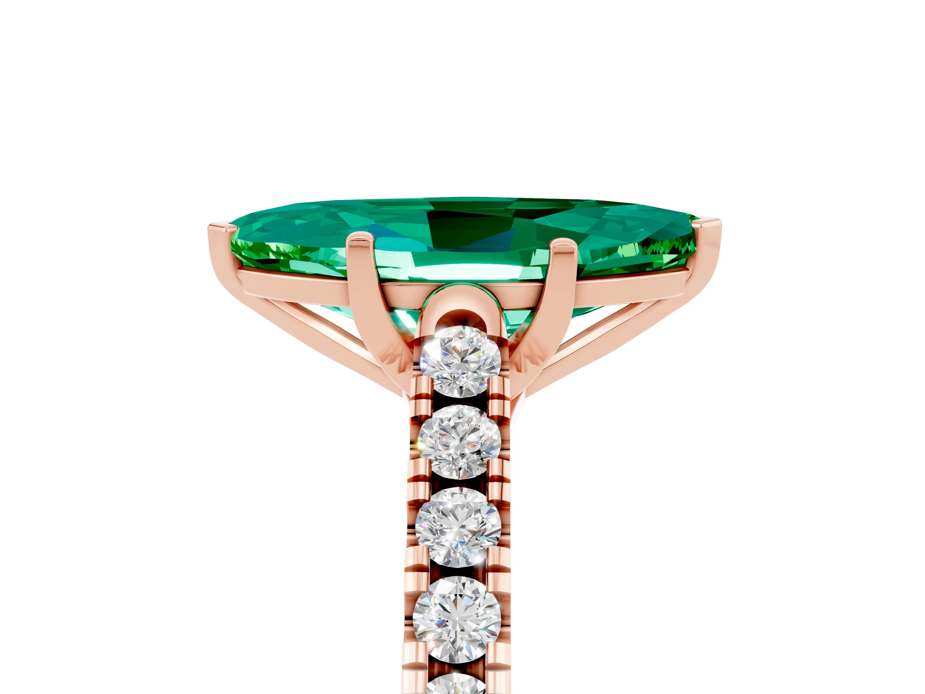 Rose gold {shape_name} Emerald Solitaire Ring with Pavé Band and Four-Prong Setting_5