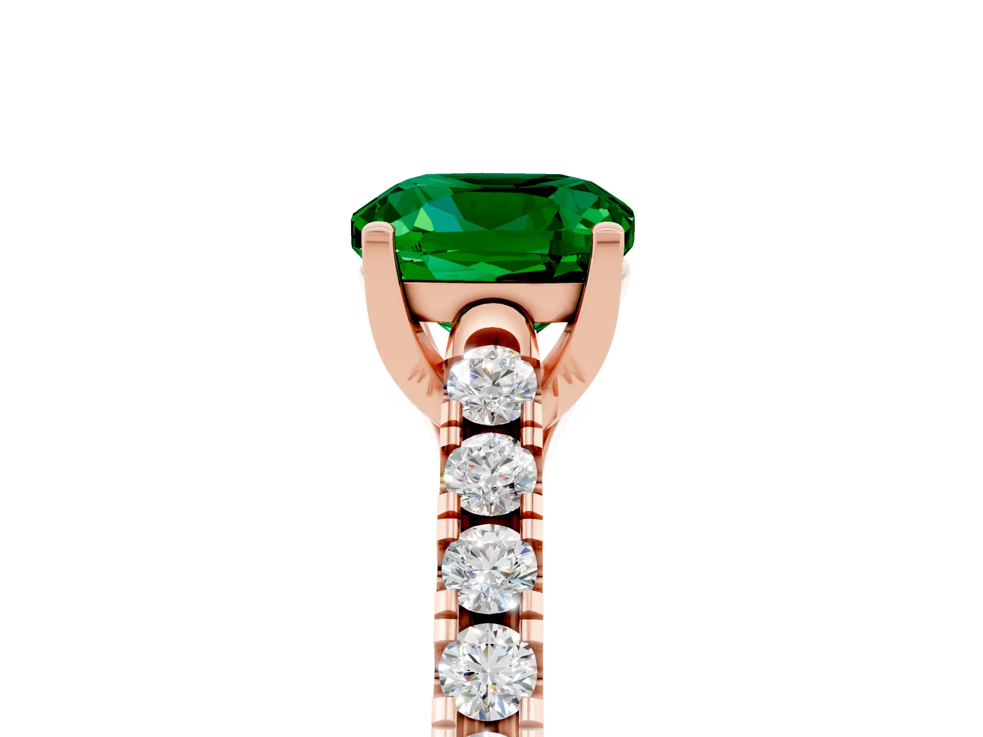Rose gold {shape_name} Emerald Solitaire Ring with Pavé Band and Four-Prong Setting_5