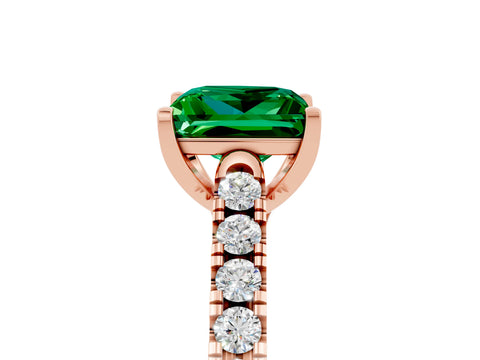 Rose gold {shape_name} Emerald Solitaire Ring with Pavé Band and Four-Prong Setting_5