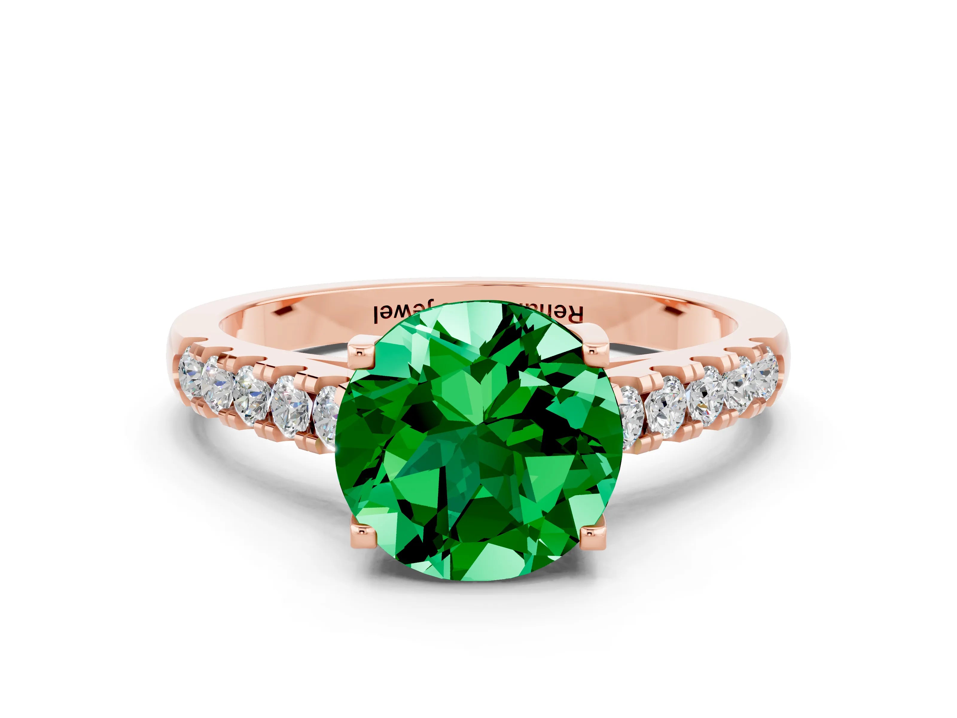 Rose gold {shape_name} Emerald Solitaire Ring with Pavé Band and Four-Prong Setting