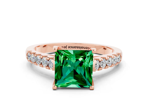 Rose gold {shape_name} Emerald Solitaire Ring with Pavé Band and Four-Prong Setting