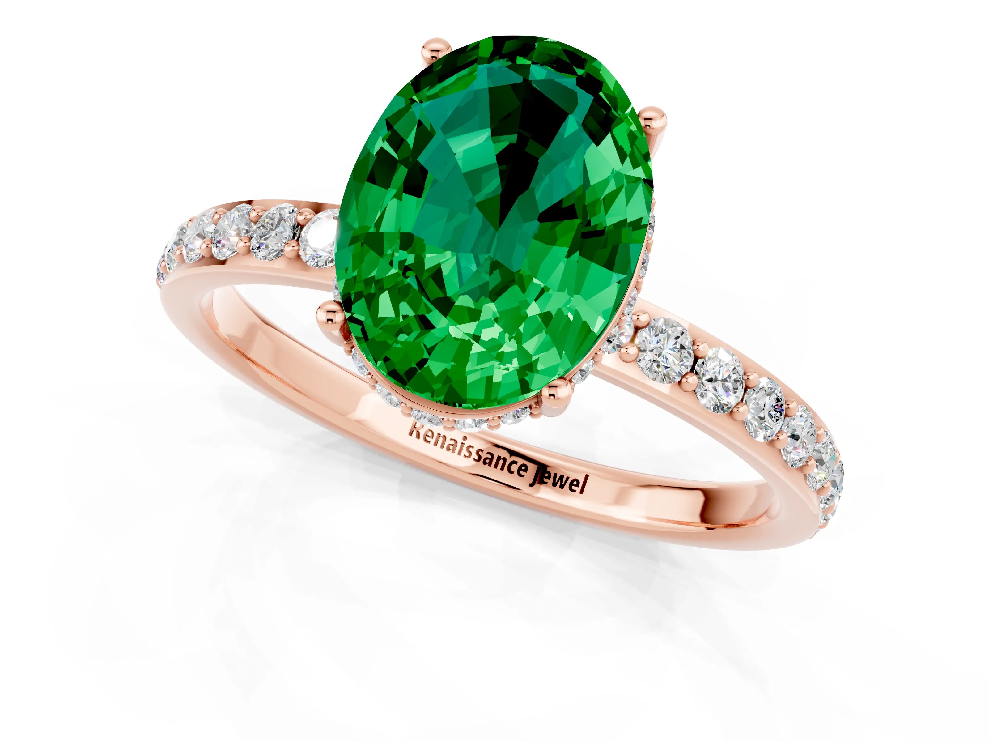 Rose gold {shape_name} Emerald Solitaire Ring with Pavé Band and Hidden Halo_1