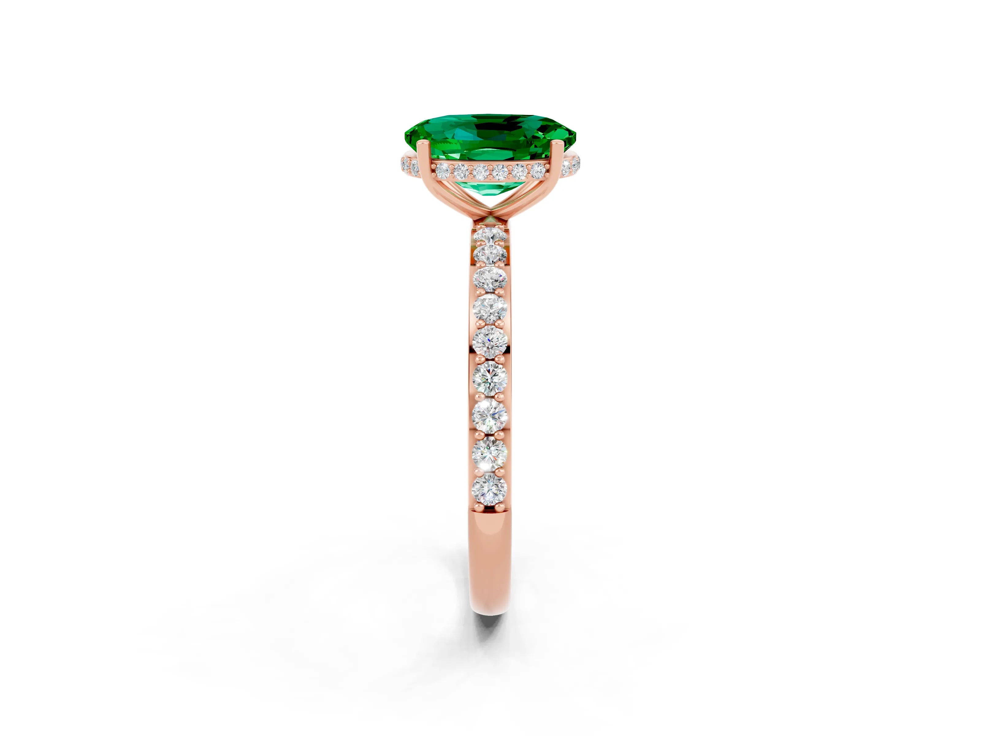 Rose gold {shape_name} Emerald Solitaire Ring with Pavé Band and Hidden Halo_2