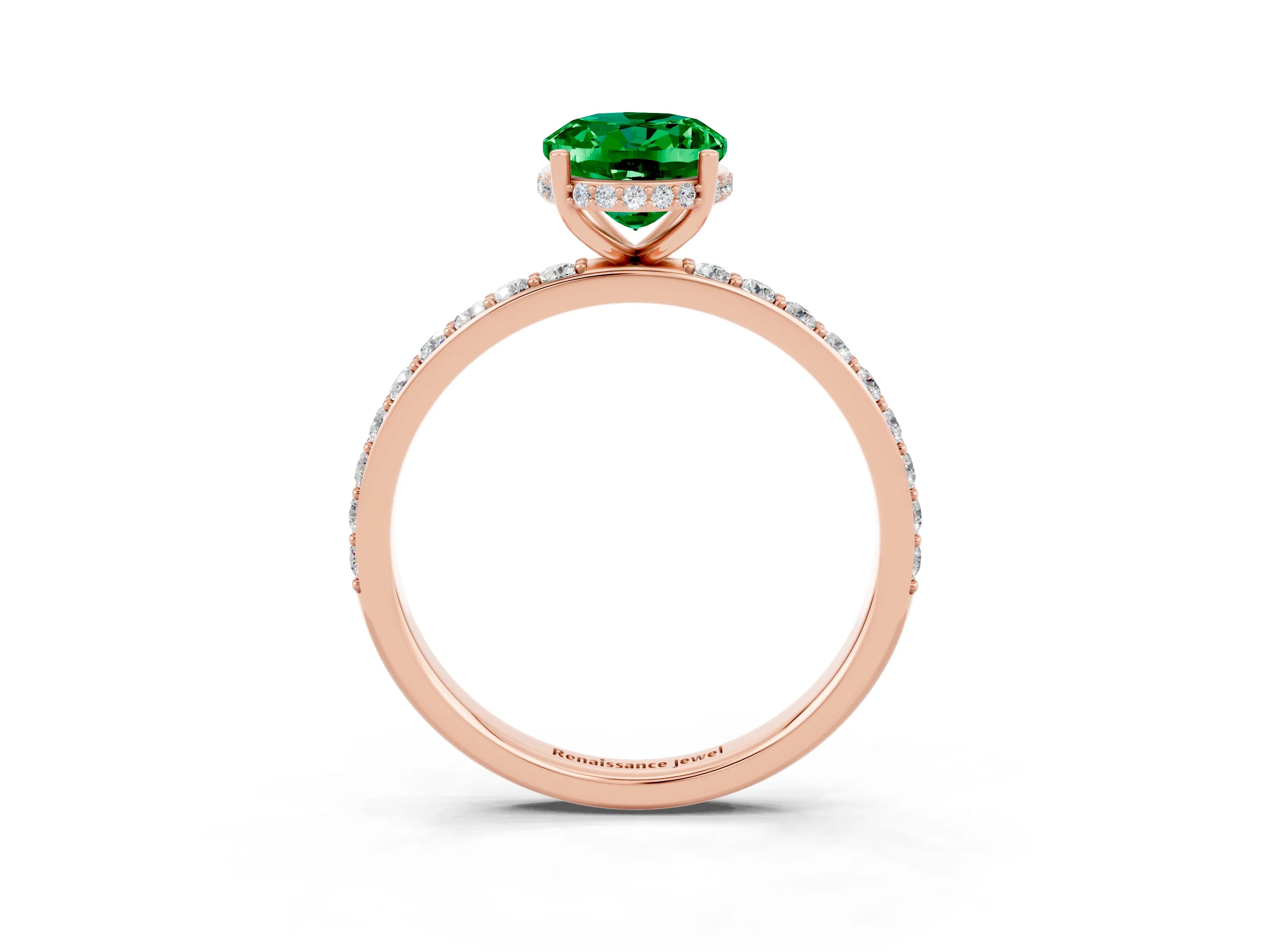 Rose gold {shape_name} Emerald Solitaire Ring with Pavé Band and Hidden Halo_3
