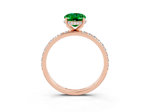 Rose gold Oval Cut Emerald Solitaire Ring with Pavé Band and Hidden Halo