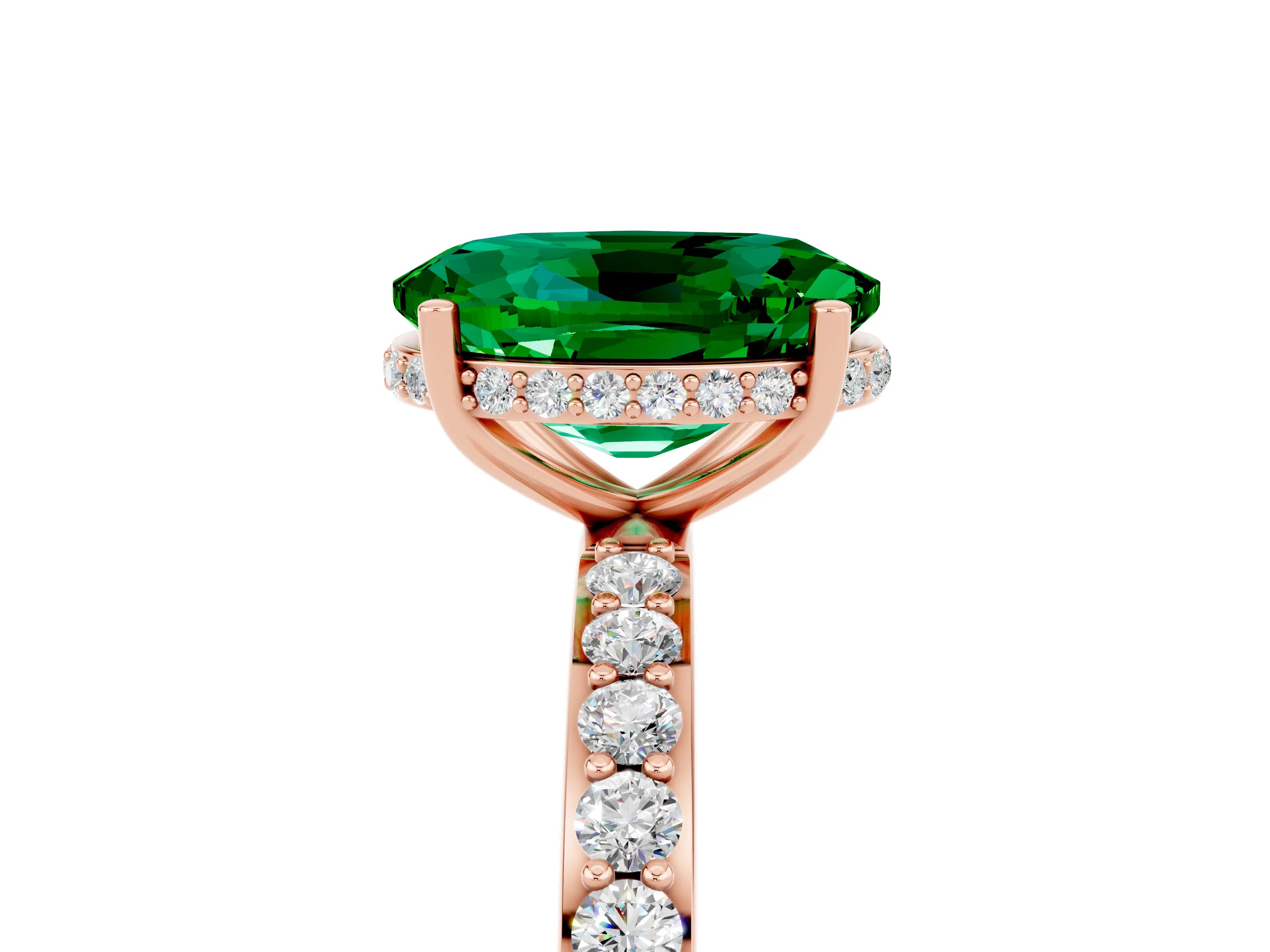 Rose gold {shape_name} Emerald Solitaire Ring with Pavé Band and Hidden Halo_5