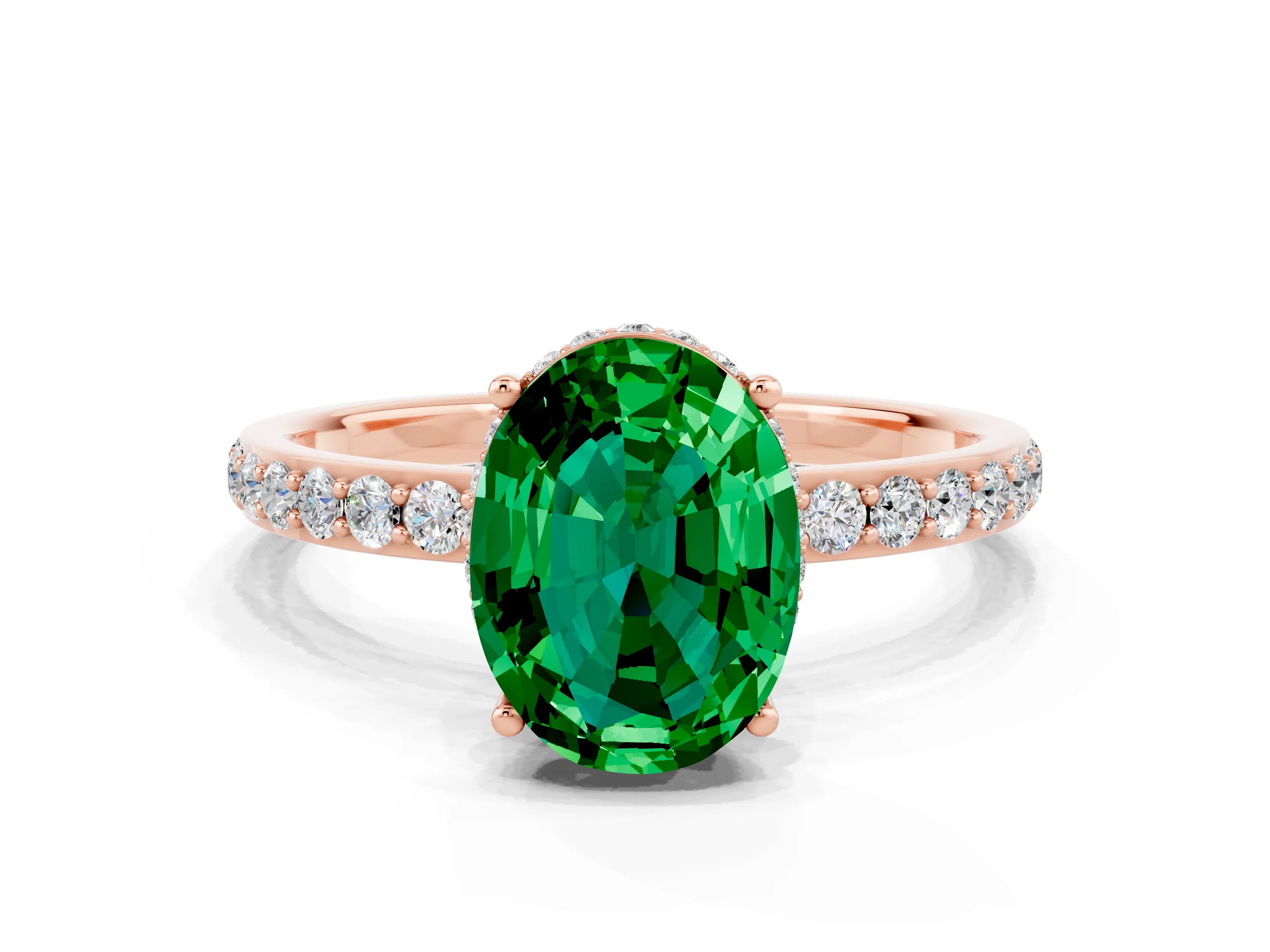 Rose gold {shape_name} Emerald Solitaire Ring with Pavé Band and Hidden Halo