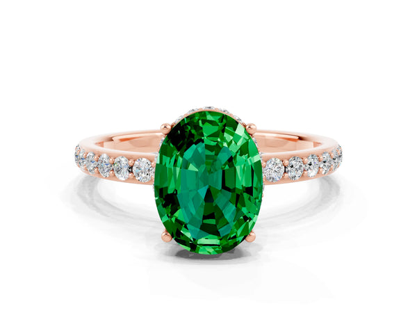 Rose gold Oval Cut Emerald Solitaire Ring with Pavé Band and Hidden Halo
