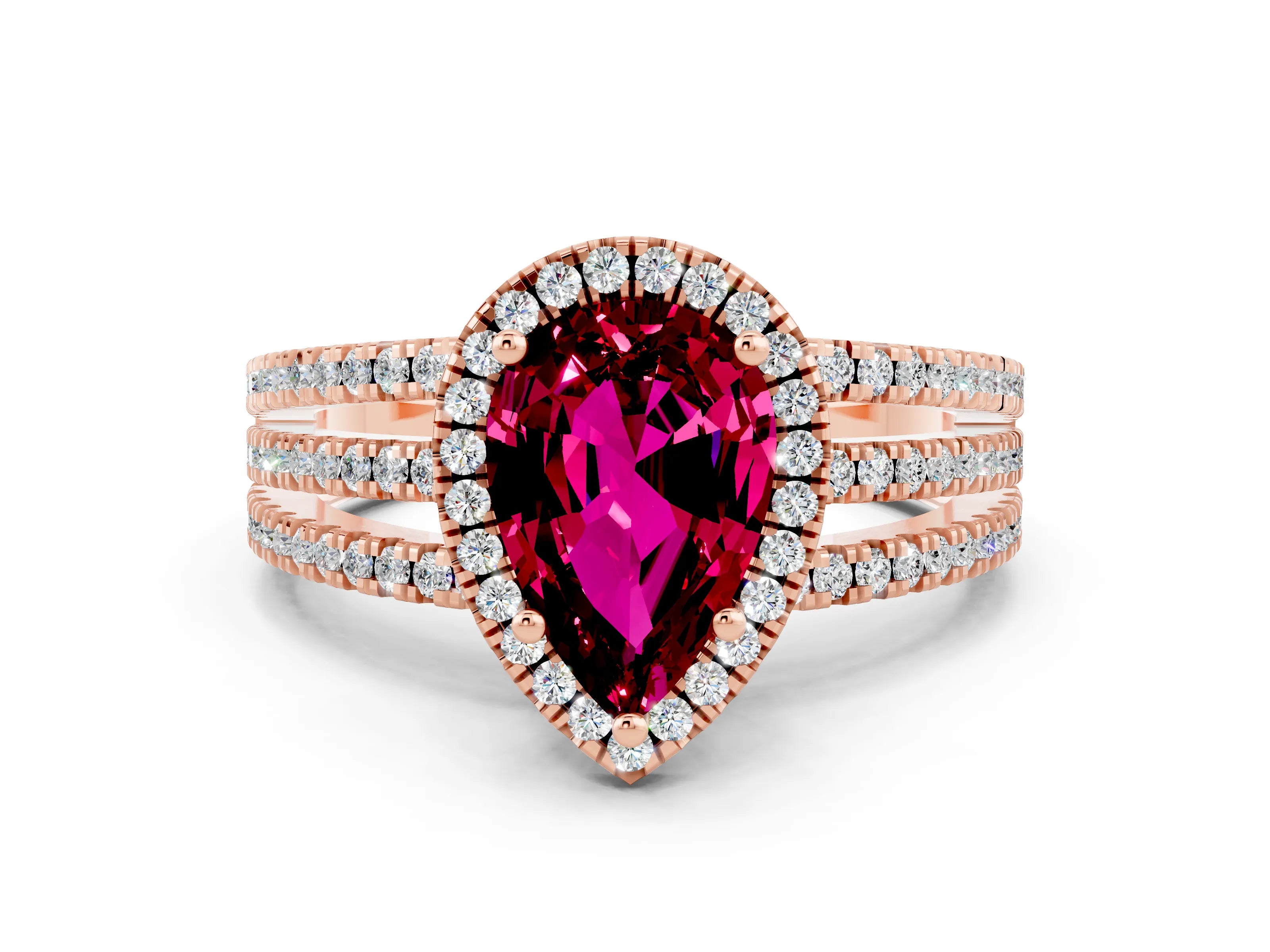 Rose gold {shape_name} Garnet Halo Engagement Ring with Split Shank and Four-Prong Setting