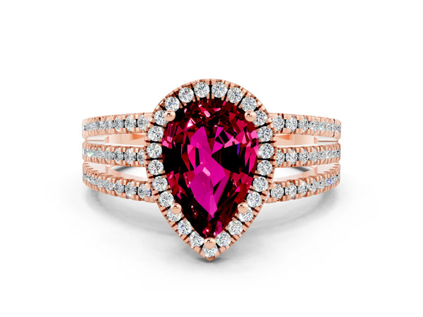 Rose gold Pear Cut Garnet Halo Engagement Ring with Split Shank and Four-Prong Setting