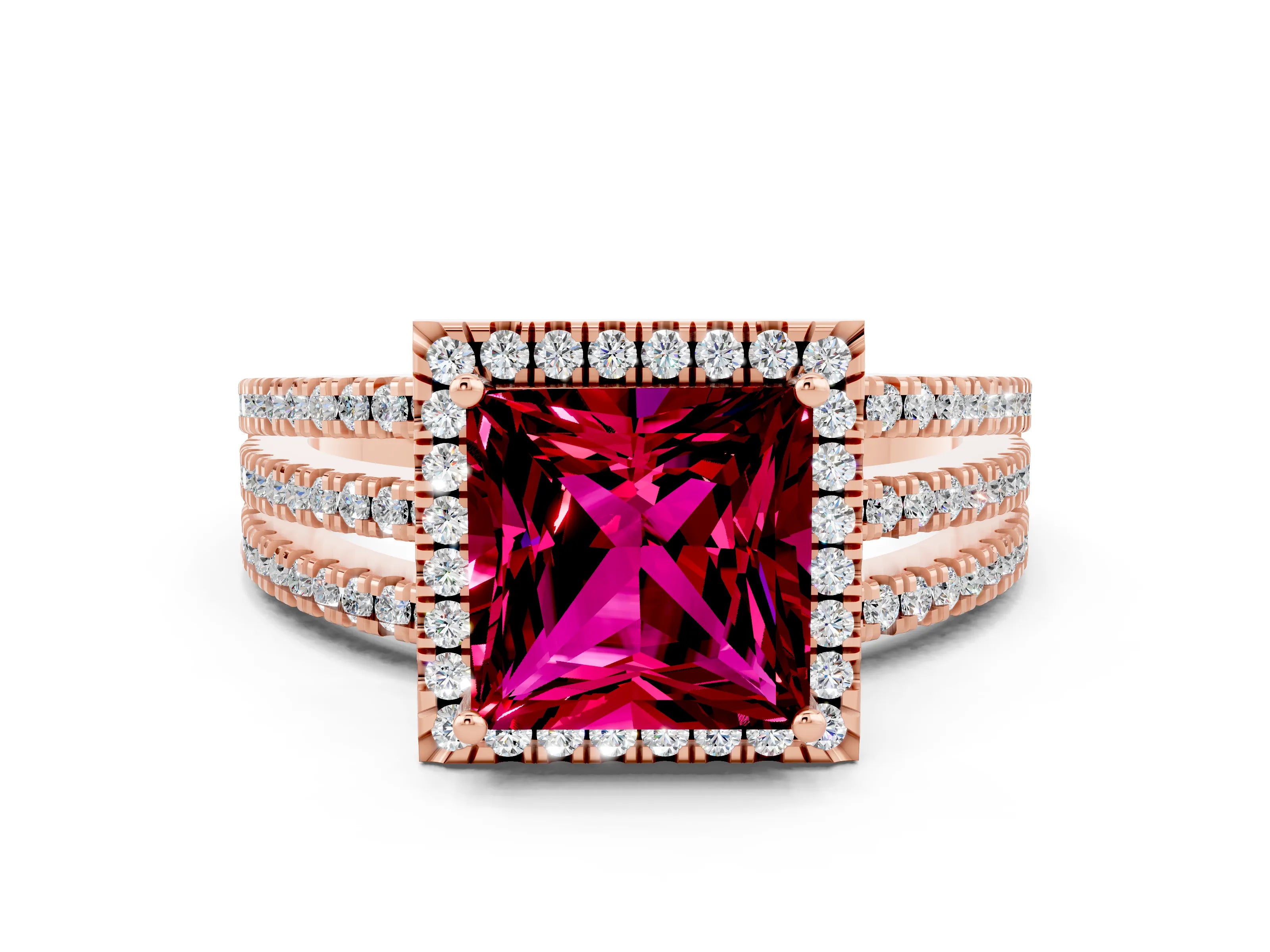 Rose gold {shape_name} Garnet Halo Engagement Ring with Split Shank and Four-Prong Setting