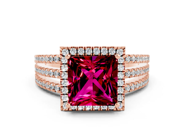 Rose gold Princess Cut Garnet Halo Engagement Ring with Split Shank and Four-Prong Setting