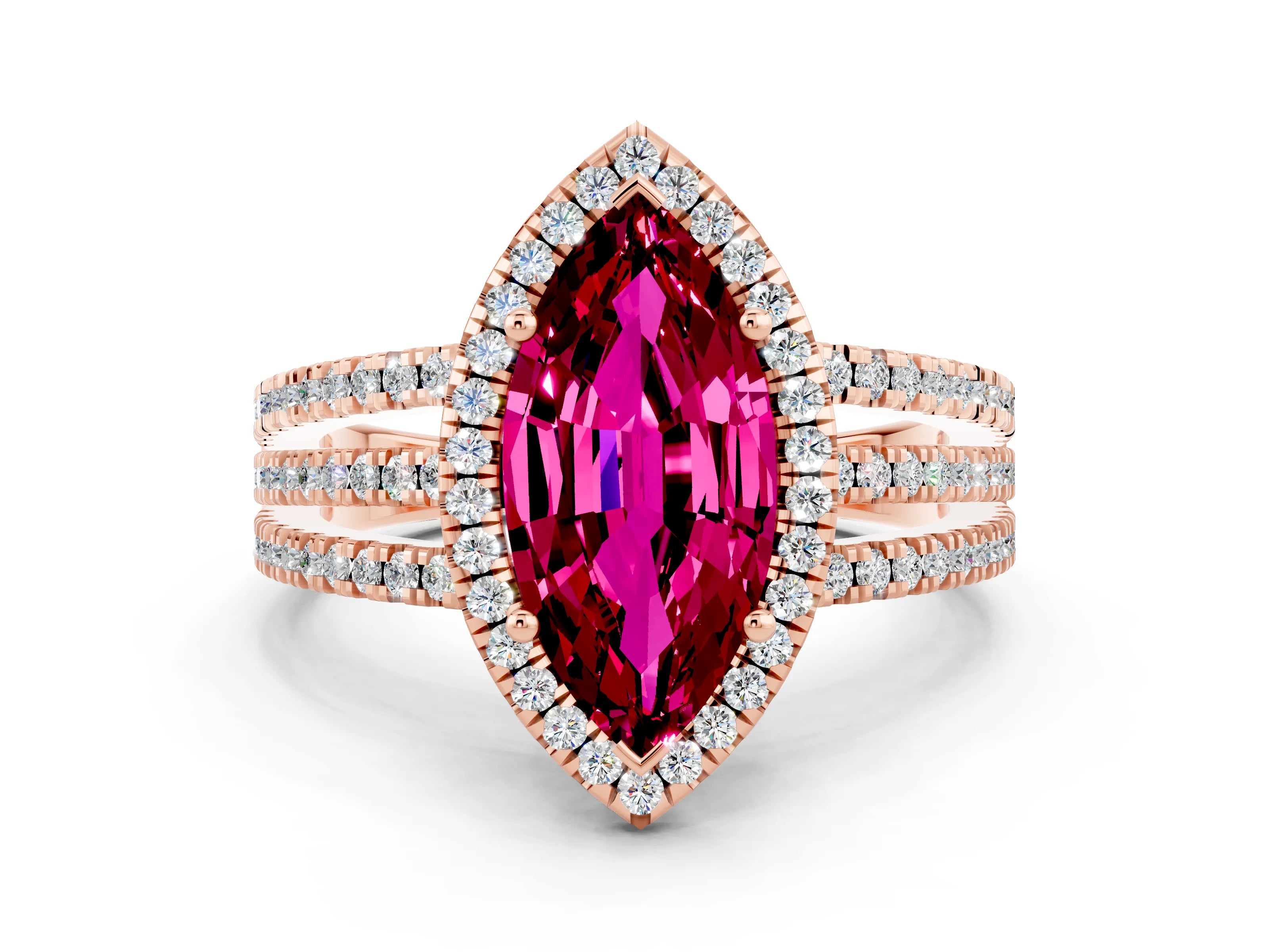 Rose gold {shape_name} Garnet Halo Engagement Ring with Split Shank and Four-Prong Setting