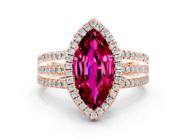 Rose gold Marquise Cut Garnet Halo Engagement Ring with Split Shank and Four-Prong Setting