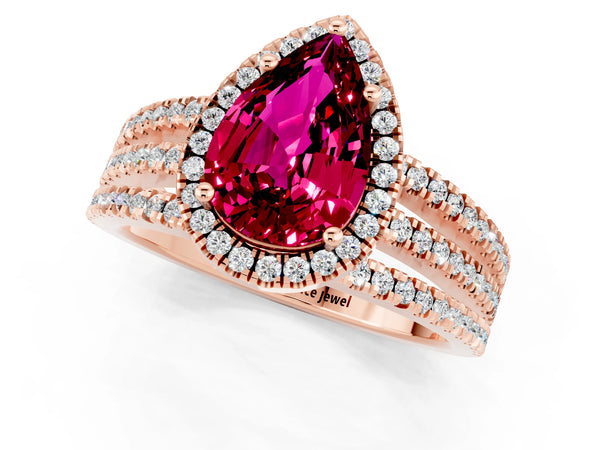 Rose gold Pear Cut Garnet Halo Engagement Ring with Split Shank and Four-Prong Setting