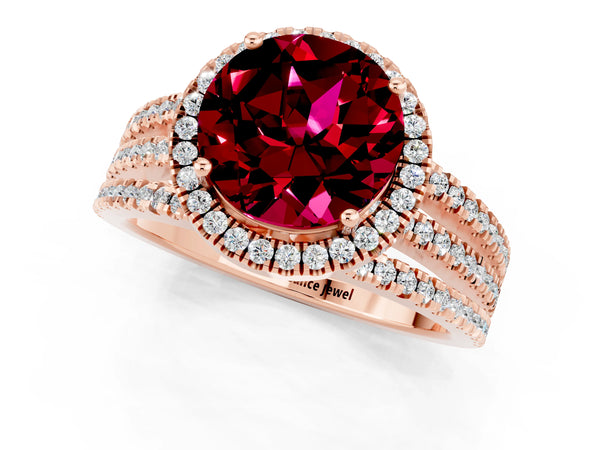 Rose gold Round Cut Garnet Halo Engagement Ring with Split Shank and Four-Prong Setting