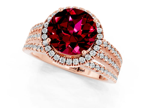 Rose gold {shape_name} Garnet Halo Engagement Ring with Split Shank and Four-Prong Setting_1