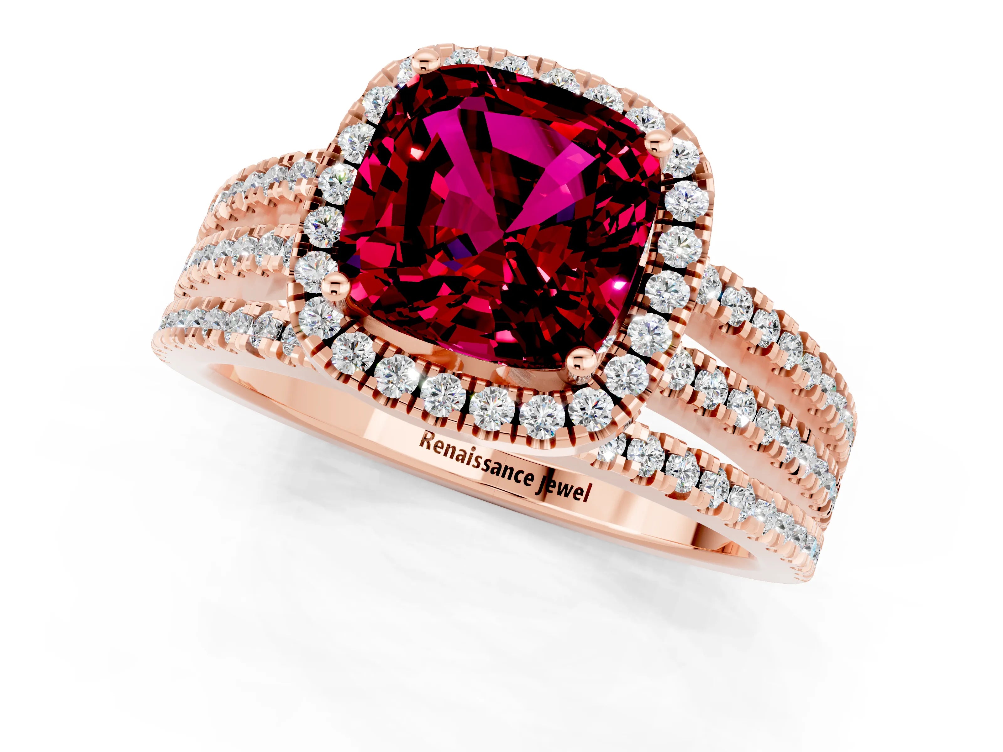 Rose gold {shape_name} Garnet Halo Engagement Ring with Split Shank and Four-Prong Setting_1