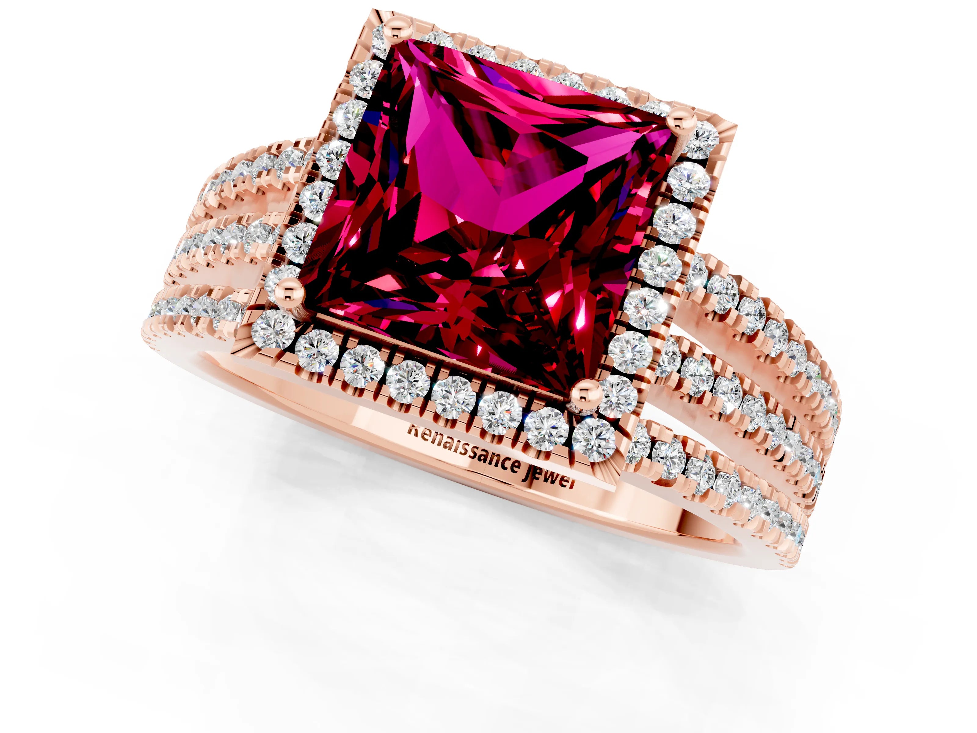 Rose gold {shape_name} Garnet Halo Engagement Ring with Split Shank and Four-Prong Setting_1