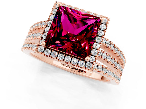 Rose gold Princess Cut Garnet Halo Engagement Ring with Split Shank and Four-Prong Setting