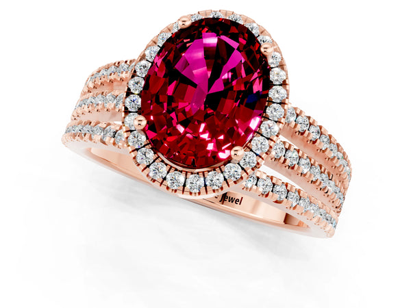 Rose gold Oval Cut Garnet Halo Engagement Ring with Split Shank and Four-Prong Setting
