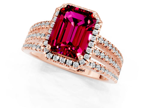 Rose gold {shape_name} Garnet Halo Engagement Ring with Split Shank and Four-Prong Setting_1