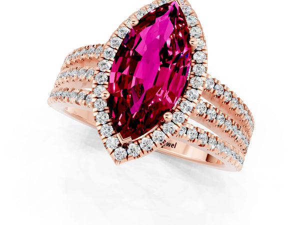 Rose gold Marquise Cut Garnet Halo Engagement Ring with Split Shank and Four-Prong Setting