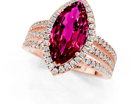 Rose gold {shape_name} Garnet Halo Engagement Ring with Split Shank and Four-Prong Setting_1