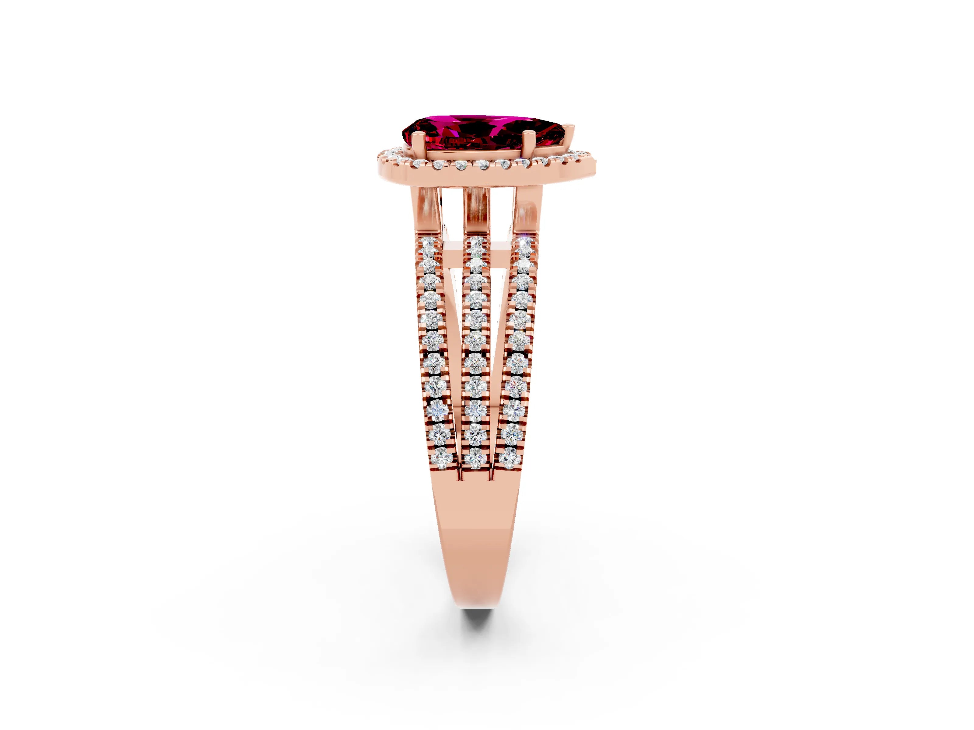 Rose gold {shape_name} Garnet Halo Engagement Ring with Split Shank and Four-Prong Setting_2